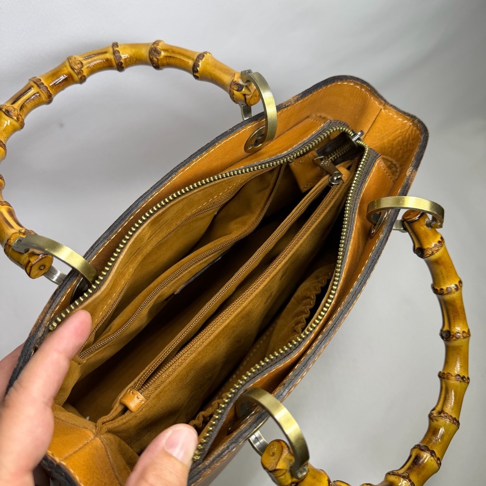 Patricia Nash Leather Satchel Bamboo Top Double Handles Firm Cognac Brown SEE - Picture 11 of 16